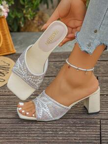 2026 Nuevas sandalias de tacón cuadrado con rhinestones para mujer, aptas para el hogar, la oficina, el aire libre, citas y vacaciones - Blanco - Ver 6