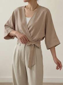Women's Summer Top, Vacation Outfit, Beach Wear. Elegant Bohemian V-Neck Casual Blouse, Women's Casual Shirt, Summer Top, Tie Waist Batwing Sleeve Bodycon Top, Women's Vacation Clothing, Women's Summer Apparel, Women's Casual Shirt, Brown Top, Spring Clothing, Summer Fashion - Deep Apricot Color - View 4