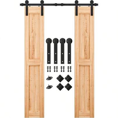 5FT Heavy Duty Double Door Sliding Barn Door Hardware Kit,Smoothly And Quietly-Easy To Install-Includes Step-By-Step Installation Instruction Fit 15" Wide Door Panel