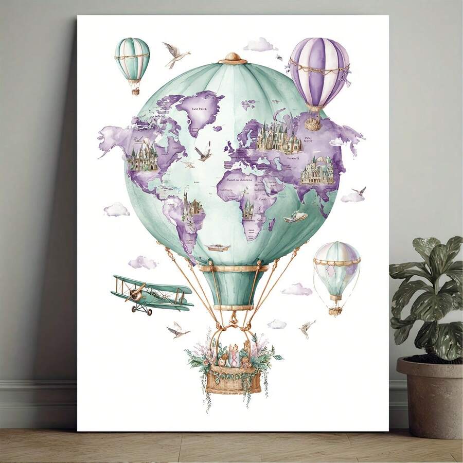 1 pieza, con marco, 30.48x40.64cm [2D Plano] Arte Divertido estilo Manga tema de aventura para guardería, globo aerostático para guardería, mapa mundial Arte para guardería, lavanda menta, decoración de guardería niña morado menta, avión, 2D Plano - Sin marco - Ver 1
