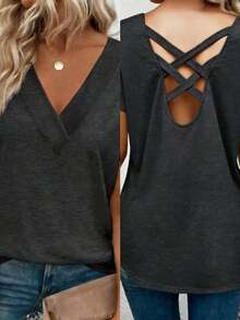 New Elegant Casual Plus Size Women Criss-Back Design Loose-Shirt, Fashionable Daily Wear, Spring/Summer - Dark Grey - View 2