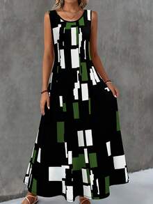 Plus Size Pocket Full Print Summer Vacation Casual Daily Sleeveless Geometric Print Dress, Spring/Summer Elegant - Green - View 6