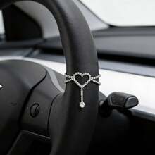Creative Heart-Shaped Rhinestone Steering Wheel Decor Hanging Accessory, Double-Layer Crossed Chain Body With Dangling Rhinestone Decor, Fits Various Car Models - Heart-shaped Sparkling Diamonds - View 1