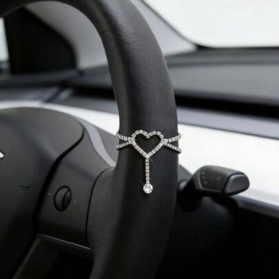 Decoración colgante creativa para volante de coche con forma de corazón y cristales de Rhinestone, con cadena cruzada de doble capa y decoración colgante de cristales de Rhinestone, se adapta a varios modelos de automóviles