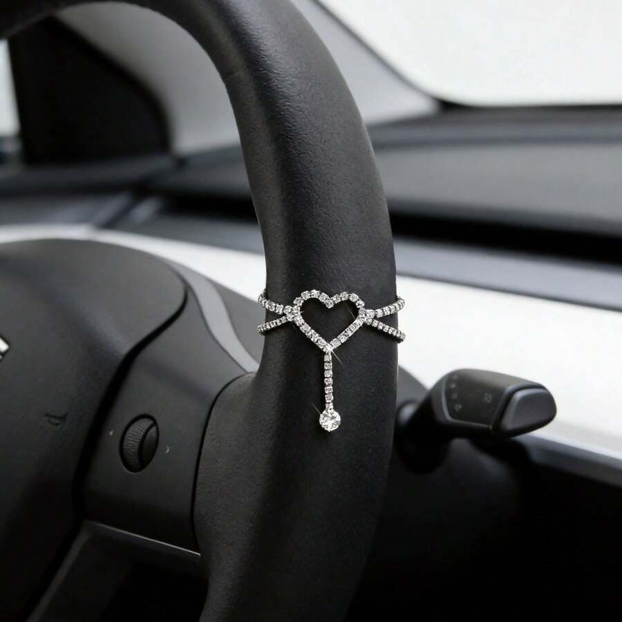 Creative Heart-Shaped Rhinestone Steering Wheel Decor Hanging Accessory, Double-Layer Crossed Chain Body With Dangling Rhinestone Decor, Fits Various Car Models - Heart-shaped Sparkling Diamonds - View 1