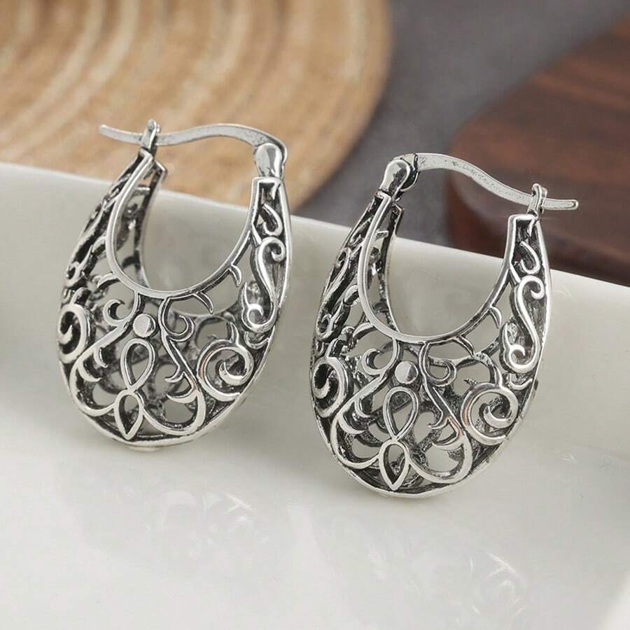 Khuyên tai vòng kiểu Bohemian dành cho nữ, họa tiết dây leo rỗng, mạ bạc không chứa niken, thích hợp để đeo hàng ngày và làm quà tặng ngày Valentine. - Màu Bạc Cổ - Xem 1