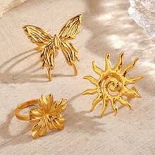 3pcs Stainless Steel Fashion Butterfly Flower Ring Set, Suitable For Women's Daily Wear, Travel, Shopping, And Parties - 3pcs - 查看 7