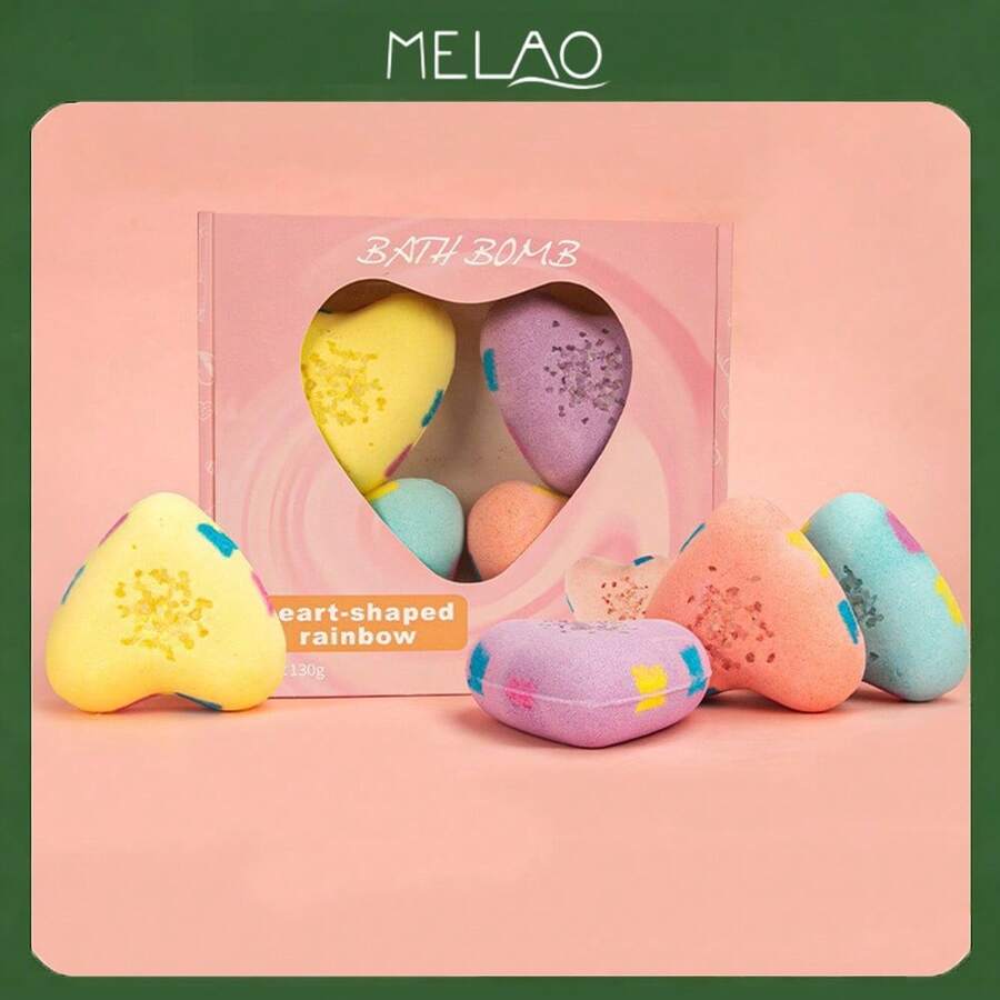 MELAO 4pcs Heart-Shaped Bath Bombs Gift Set, Rainbow Colors, Infused With Essential Oils, Perfect Valentine's Day Gift, Relaxing & Foaming, 130g Each - Multicolor - View 1