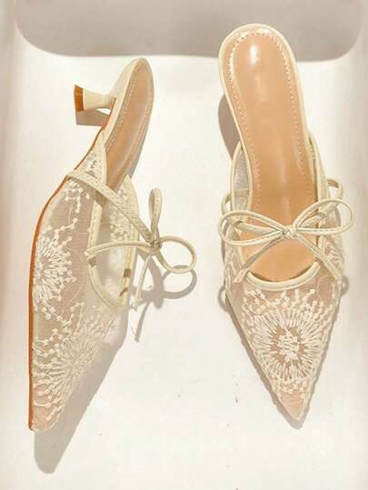 Giày sandal bít mũi lưới kiểu Pháp dành cho nữ, giày cao gót nhọn thanh lịch kiểu stiletto, giày lười mùa hè, gót nhọn kiểu kitten heel