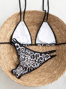 女士性感时尚豹纹吊带系带比基尼泳装，可调节双肩带上衣设计，镂空侧系带泳裤，全黑饰边。 - 彩色 - 查看 3