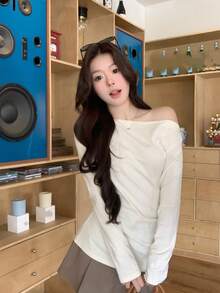 Plunging Neck Striped Long Sleeve T-Shirt, New Arrival Slim Fit Unique Design Top For Women Casual Spring - Apricot - View 4
