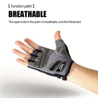 1 đôi găng tay đạp xe ngoài trời ngón ngắn, lòng bàn tay có cấu trúc đệm silicon GEL, phù hợp cho việc đạp xe đường dài trên đường nhựa và xe đạp địa hình, lòng bàn tay có lớp silicon GEL độc lập, giúp hấp thụ hiệu quả rung động và va đập từ mặt đường, phân tán áp lực lên lòng bàn tay, giảm đáng kể tình trạng tê và đau nhức thường gặp khi đạp xe đường dài, tăng cường sự thoải mái khi cầm nắm, kết hợp với thiết kế lòng bàn tay ôm sát giúp cầm tay lái ổn định và điều khiển linh hoạt, một phụ kiện đáng tin cậy cho những chuyến đi đường dài, găng tay ngón ngắn thoáng khí bằng lưới.