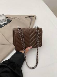 Neue Retro Mode geprägte Mini Quadrat Tasche, Schleife Metall Dekor, Klappe Öffnung, gewebter Metall- & Leder-Kettengurt, kleine Kapazität leicht minimalistisch, einfarbige Umhängetasche. Geeignet für Damen Alltag, Pendeln, Arbeit, Urlaub und Studentennutzung - Kaffeebraun - Übersicht 4