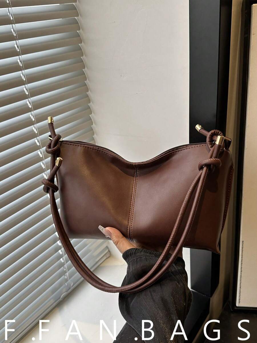 2025 New Arrival Large Capacity Crease-Resistant Striped Fresh Casual Commute Solid Color Shoulder Tote Bag - Brown - View 1