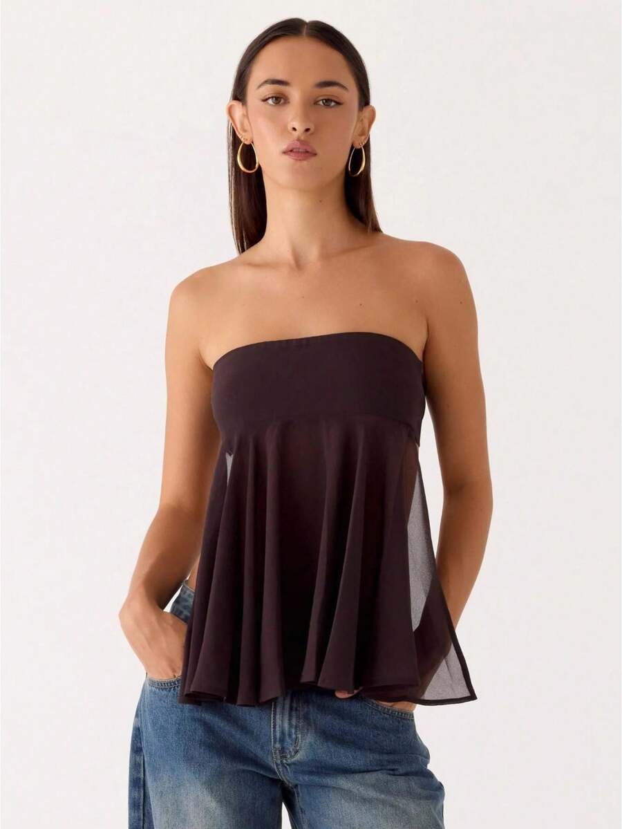 Women Summer Flowy Tube Top Y2k Solid Color Strapless Off The Shoulder Loose Fit Babydoll Bandeau Crop Tops Backless Sleeveless Going Out Tops Vests Shirts Casual Streetwear - 露背-深棕色 - 查看 1