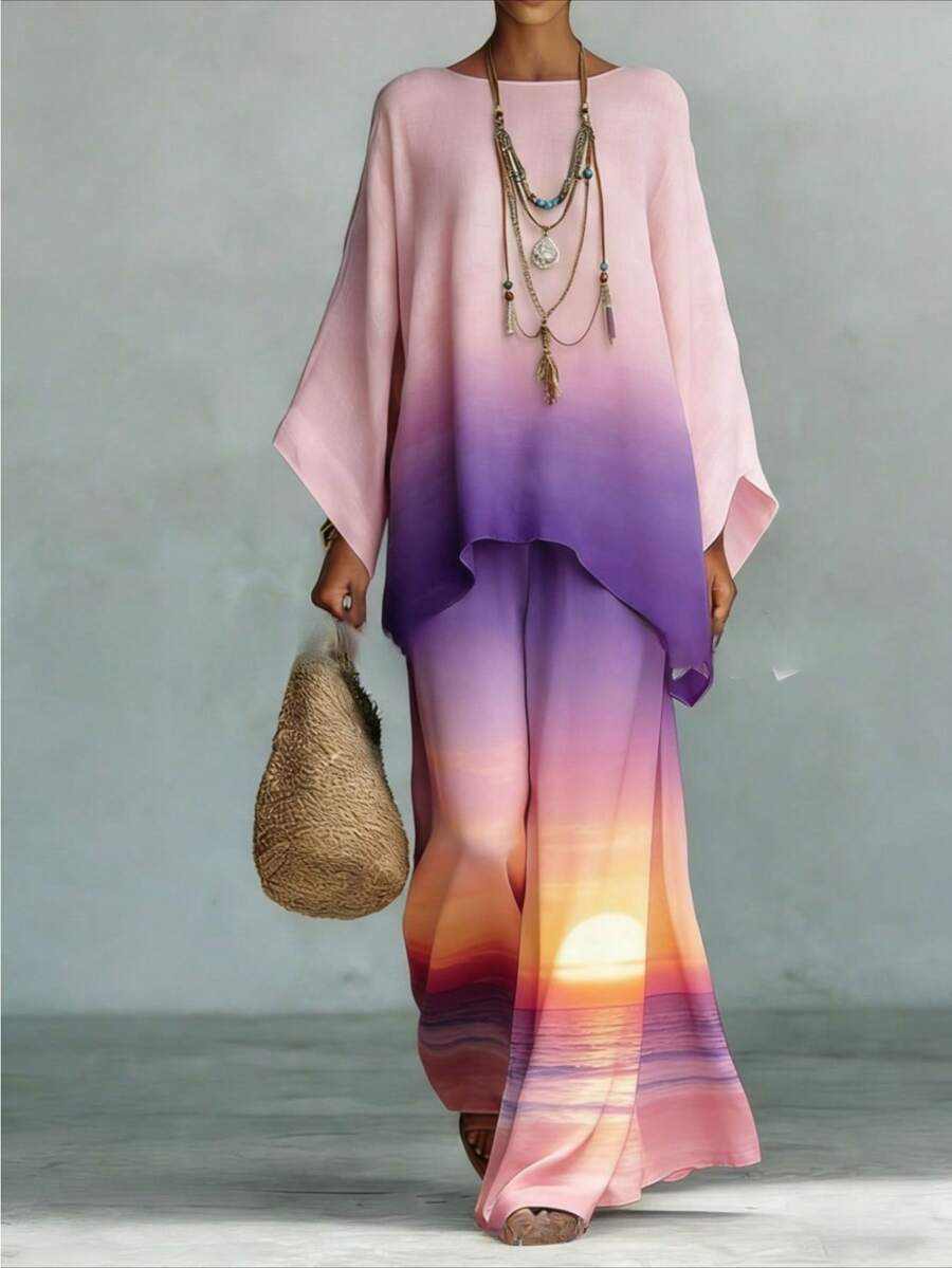 Women's Summer Fashion Floral Print Two Piece Set - Casual Loose Fit Top And Wide Leg Pants Outfit For Beach Vacation - 16 - 查看 1