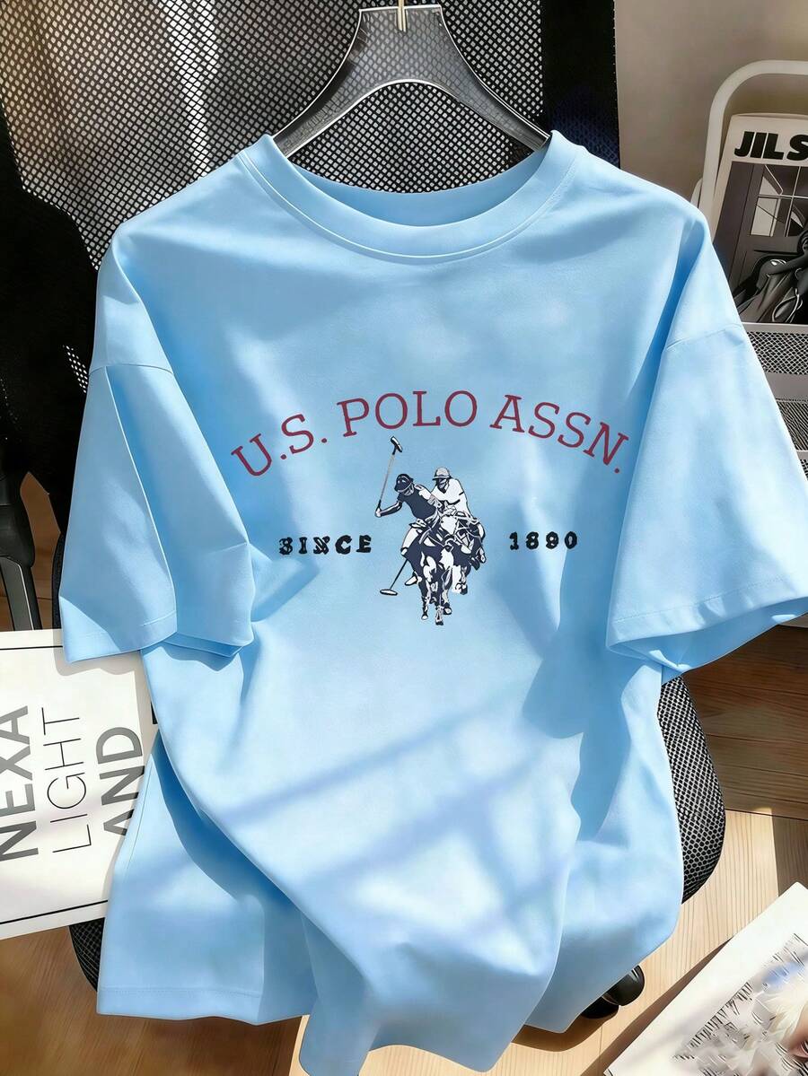 1 pieza Camiseta de manga corta con estampado casual para niñas preadolescentes, top de verano para estudiantes jóvenes - Celeste - Ver 1