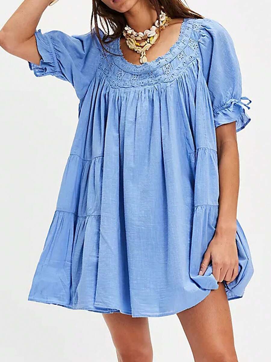 Women Puff Sleeve Babydoll Mini Dress Y2K Lace Trim Square Neck Flowy Mini Dress Bow Tie Ruffle A Line Short Dress Summer Loose Swing Going Out Sundress - 藍色 - 查看 1