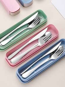 3 piezas Juego de cubiertos portátil, utensilios reutilizables de acero inoxidable, adecuado para picnic, camping, hogar, viaje, trabajo, exterior, cocina, comedor, estudiante, viaje, camping, oficina, regalo de vacaciones - Multicolor - Ver 2