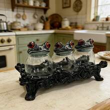 Set 3 Buah Toples Ramuan Gaya Gotik Penyihir & Katak, Wadah Penyimpanan Keramik Buatan Tangan dengan Tutup Katak dan Alas Logam, Toples Bumbu Dapur Halloween untuk Rempah-rempah, Teh, Garam, Gula, Kopi, Dekorasi Rumah Estetika Gelap yang Unik, Hadiah Kreatif - MultiWarna - View 6