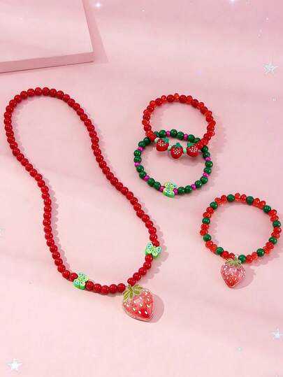 Bộ trang sức 4 món mặt dây chuyền hình quả dâu tây dễ thương, gồm vòng tay và dây chuyền, thích hợp làm quà tặng cho bé gái trong các dịp lễ, đi học, sinh nhật.