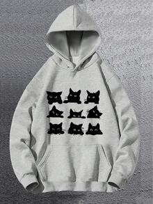 Nueva  de moda masculina, estampados creativos de gatos en varios diseños, sudadera con capucha para hombre, sudadera con capucha de manga larga con bolsillo canguro, top casual holgado, ropa de otoño e invierno para hombre. - Negro - Ver 1