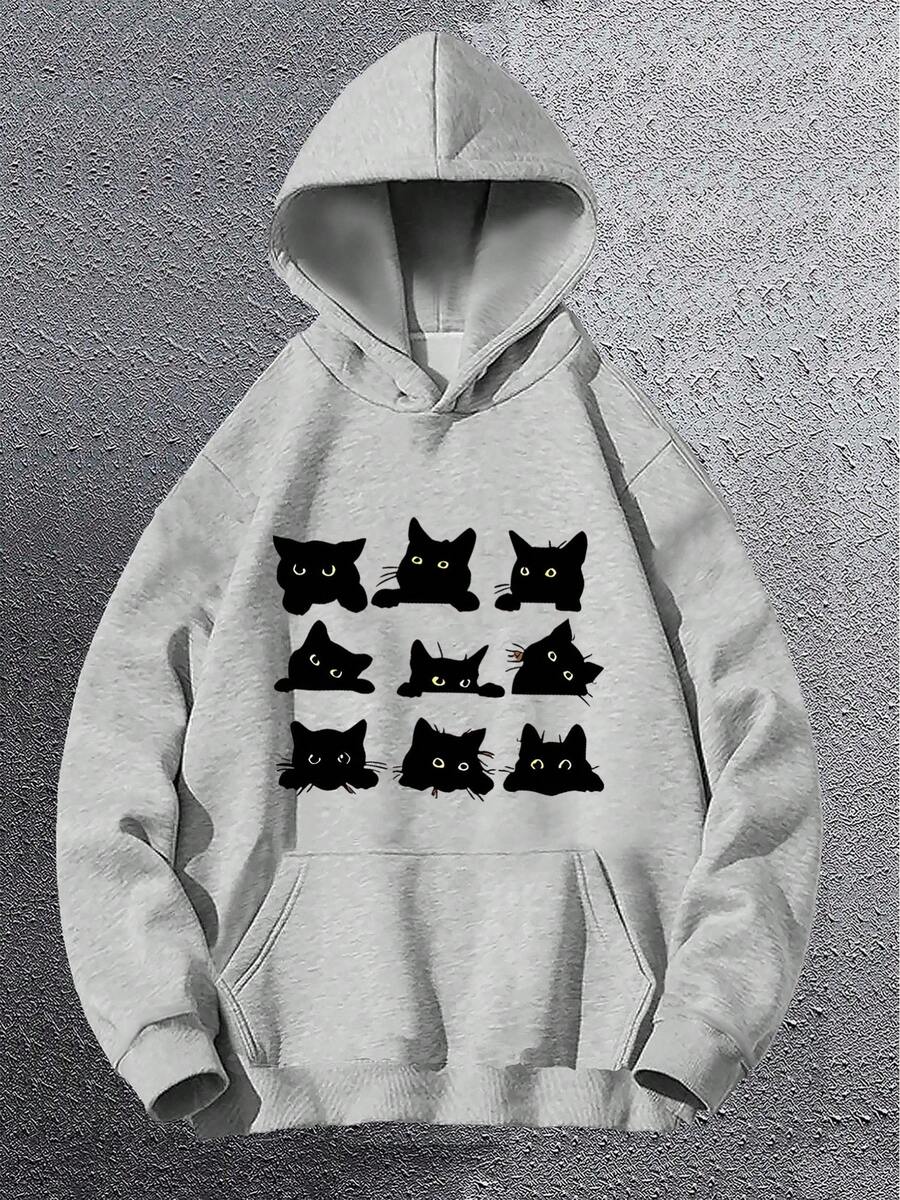 Nueva de moda masculina, estampados creativos de gatos en varios diseños, sudadera con capucha para hombre, sudadera con capucha de manga larga con bolsillo canguro, top casual holgado, ropa de otoño e invierno para hombre. - Negro - Ver 1