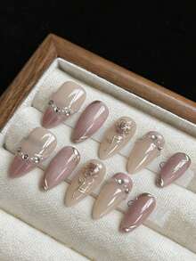 qihangxin 10片手工奢华浪漫玫瑰箔纸美甲贴纸，优雅氛围，高端品质，可移除可重复使用，适合不同风格的女性，长指甲，圣诞礼物，假指甲，按压式长指甲 - 彩色 - 查看 2