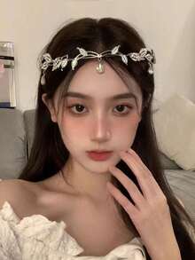 1件女款甜美公主風閃亮水鑽葉片皇冠髮箍，適合婚禮、舞會、Cosplay、晚宴、生日髮飾 - 銀色 - 查看 1