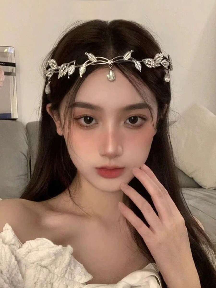 1件女款甜美公主風閃亮水鑽葉片皇冠髮箍,適合婚禮、舞會、Cosplay、晚宴、生日髮飾 - 銀色 - 查看 1