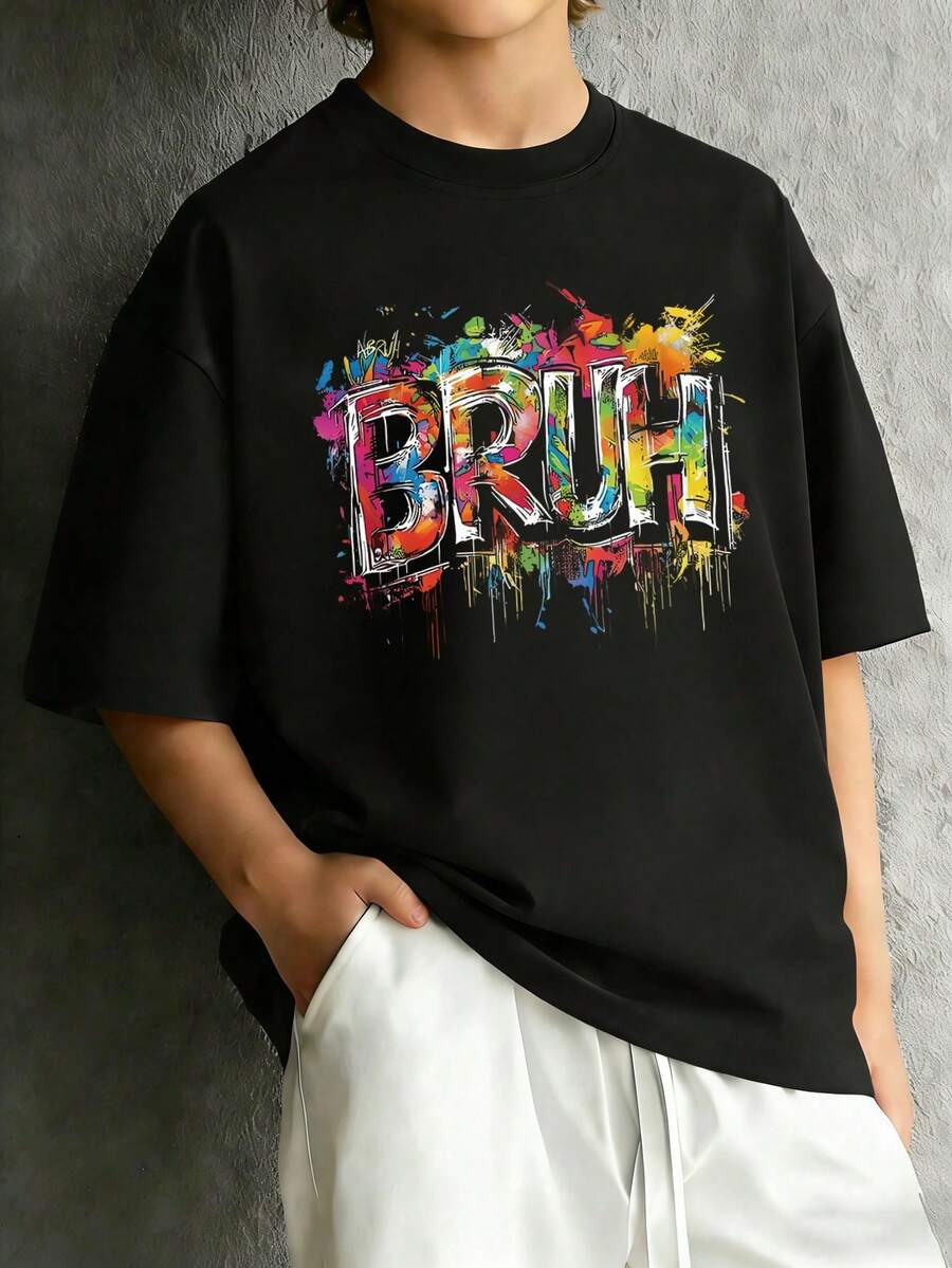 Camiseta de cuello redondo con estampado de eslogan para niños, camiseta casual suave para primavera/verano - Negro - Ver 1