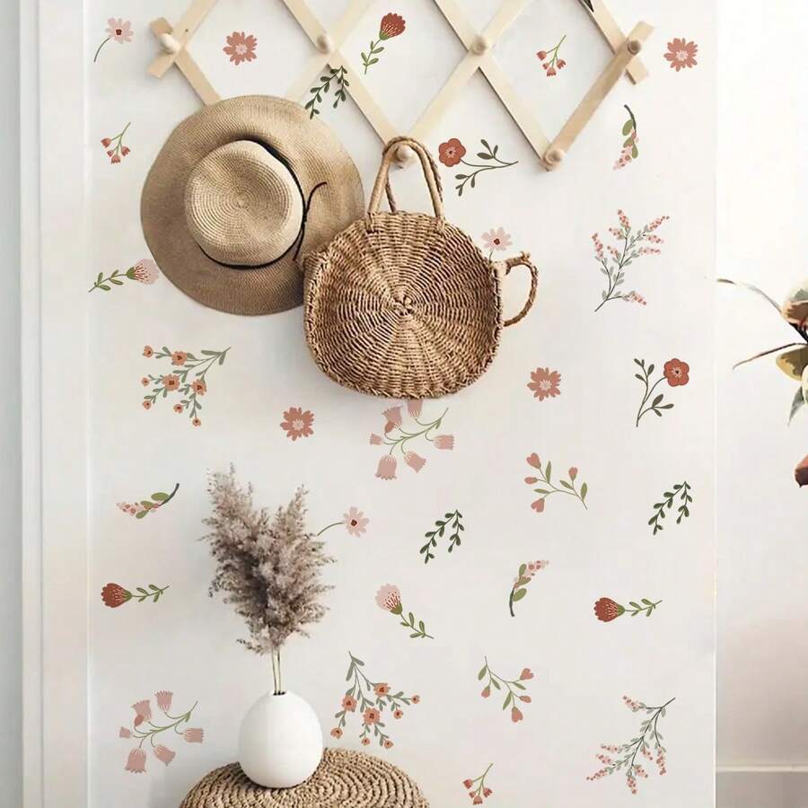 1pc Countryside Floral Wall Sticker, Fresh Leaf Combination, Self-Adhesive Easy To Apply, Decorates Wall With Gentle, Healing Ambience - Multicolor - View 1