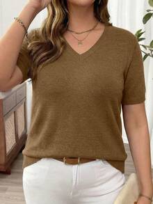Yuu Women's Plus Size V-Neck Short Sleeve Knit Pullover, Comfortable Slim Fit Elegant Casual Sweater, Suitable For Various Weather, Daily, Office, Vacation And Other Occasions, A Fashion Essential - Brown - View 6