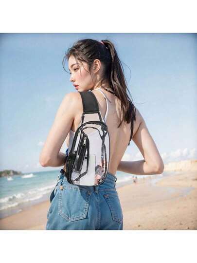 Transparent PVC Sports Sling Bag, Transparent Waist Bag, Suitable For Fitness, Running, Hiking And Travel Storage, Waterproof, Suitable For Summer/Vacation, Travel Essentials, Beach/Swimming, Concerts, Can Be Used As Waist Bag, Shoulder Bag, Chest Bag, Work Bag, Weekend Bag, Camping Bag, Gym Bag, Casual Bag, Business Bag, Can Be Personalized Gift For Men, Boyfriend, Dad, Husband Or College Students