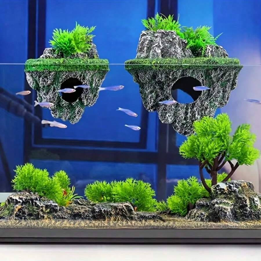 水族箱漂浮岛，带人造植物 - 鱼、虾、蟹的藏身之处 - 鱼缸造景装饰品，小型水族箱玩具