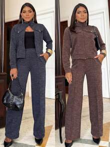 Elegant Women's Winter Set: Zippered Jacket, High-Waisted Pants With Pockets, Premium Knit, Perfect Fit, Autumn/Winter 2026 Fashion, Navy Blue - 藏蓝色 - 查看 4