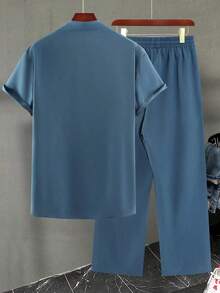 Men's Linen-Like Palm Tree Print Single-Breasted Short Sleeve Shirt And Drawstring Pants Set, Cozy Outfits - Blue - View 2