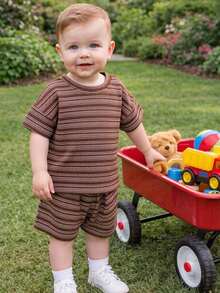 Bộ áo thun và quần short kẻ sọc màu nâu cho bé trai sơ sinh/trẻ nhỏ, thích hợp mặc mùa hè. - màu nâu - Xem 4