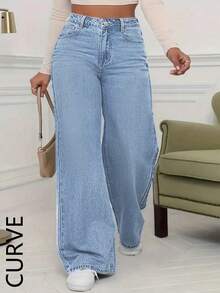 Women's Non-Stretch Plus Size Mid Waist Wide Leg Jeans, Loose Fit Casual Commute Versatile Straight Pants - 淺色水洗藍 - 查看 1