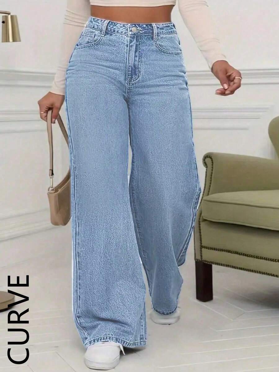 Women's Non-Stretch Plus Size Mid Waist Wide Leg Jeans, Loose Fit Casual Commute Versatile Straight Pants - 淺色水洗藍 - 查看 1