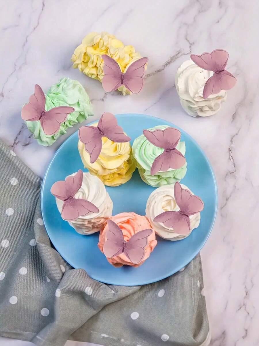 24pcs Pink/Blue Butterfly Cake Decorations, Butterfly Paper Pieces, Suitable For Cupcake Decoration, Cake Topping (Slight Color Variation Between Batches, Won't Affect Normal Use) - View 1