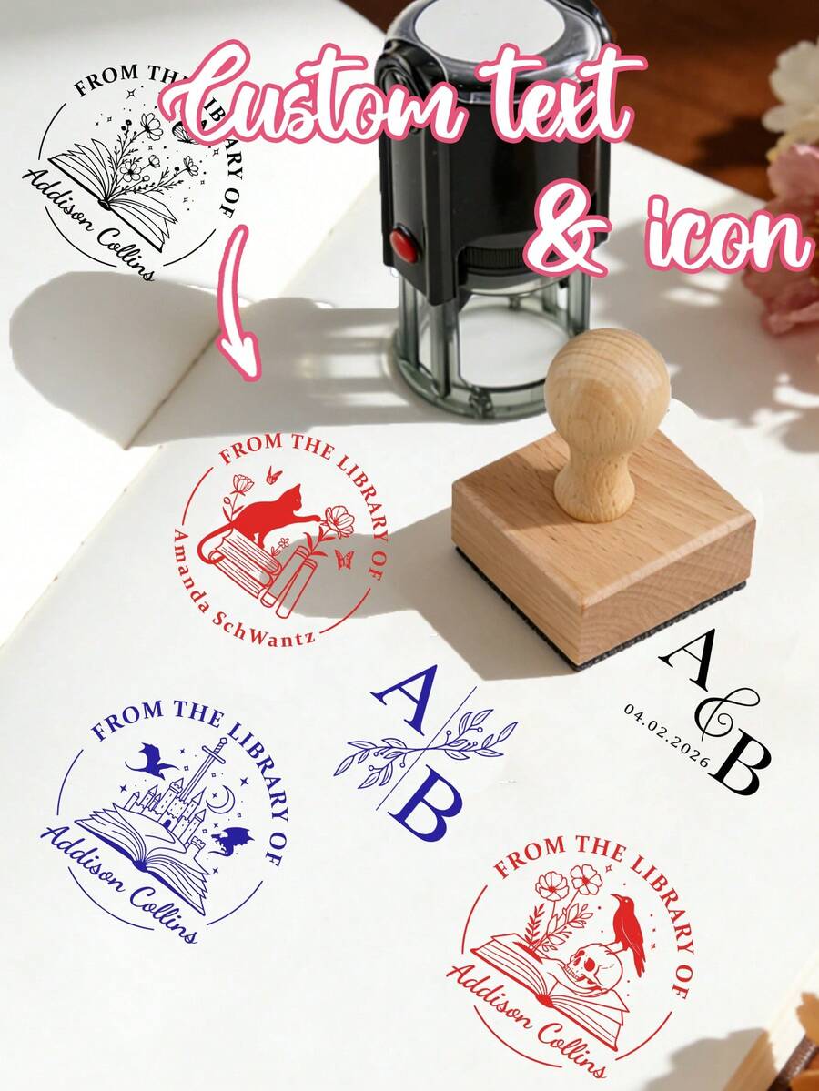 Personalized Text Book Stamp, Customizable Library Stamp With Cute Retro Icon Design Suitable For Books, Diaries, Planners, 2 Styles, Can Customize Name Stamp Gift For Book Lovers, Mother's Day, Birthday, Anniversary, Customizable Ink Pad Unique Reading Gift - Style D - View 1