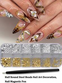 12 emplacements Décorations d'art pour ongles en acier demi-rond doré et argenté, stylo magnétique avec perles d'acier, petites perles d'acier inoxydable caviar, décorations de vernis à ongles avec micro-perles - Multicolore - Voir 13