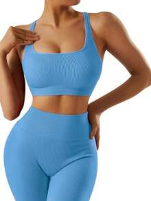 OMKAGI  Women's Seamless Casual Two-Piece Set - Stylish Back Strap Backless Top High-Waisted Tummy-Reducing And Hip-Raising Yoga Pants Yoga And Pilates Set European Style Streetwear Set - 淺色水洗藍 - 查看 5