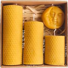 4pcs Premium Beeswax Candle Set - Assorted Size Pillar Candles And Moon Face Candles, Handpoured Candles For Home Ambiance, Home Decor And Gifts - Beeswax Kit - View 4