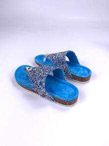 2026 New Spring/Summer Blue Rhinestone Flip Flops, Women's Soft Wood Bottom Thong Sandals, Bling Bling Rhinestone Slippers, Fashionable Outdoor Soft Bottom Beach Shoes, Comfortable Plush Lining Non-Abrasive Plus Size, Shock-Absorbing Thick Bottom, Suitable For Commuting, Home, Beach Vacation, Versatile Casual Sandals - Blue - View 4