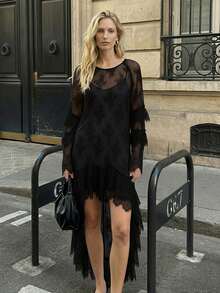 Women's Lace Dress Long Sleeve Round Neck Solid Color High Low Hem Dress Flowy Ruffle Dress - Black - View 4