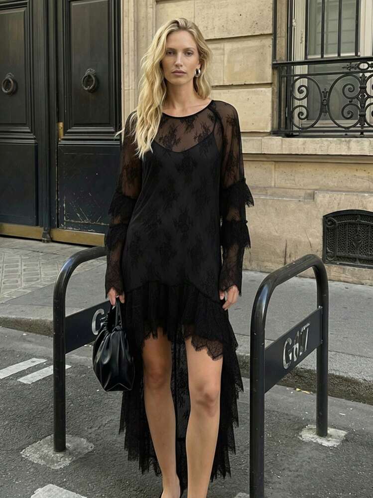 Vestido de encaje para mujer, manga larga, cuello redondo, color liso, bajo asimétrico, vestido vaporoso con volantes. - Negro - Añade 4