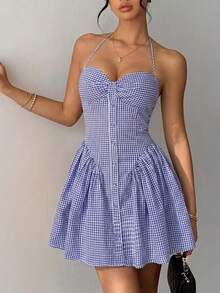 Women's Blue And White Gingham Halter Mini Dress Button Front Fit And Flare Sleeveless Plain Summer Outfits For Beach Vacation, Party, Garden Picnic, Casual Going Out, Plain Spring Summer Outfit, Graduation Elegant Wedding - Blue - View 7