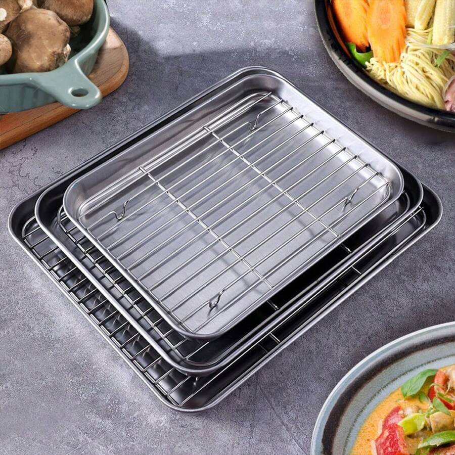 1/2/6pcs Baking Sheet Set With Rack (Includes 1 Sheet Or 1 Sheet + 1 Rack/3 Sheets + 3 Racks), 8.7/10/11 Inch Stainless Steel Baking Pans And Cooling Racks, Non-Stick Cookie Sheets For Baking Cookies, Meat, Chicken, Easy To Clean And Dishwasher , - View 1